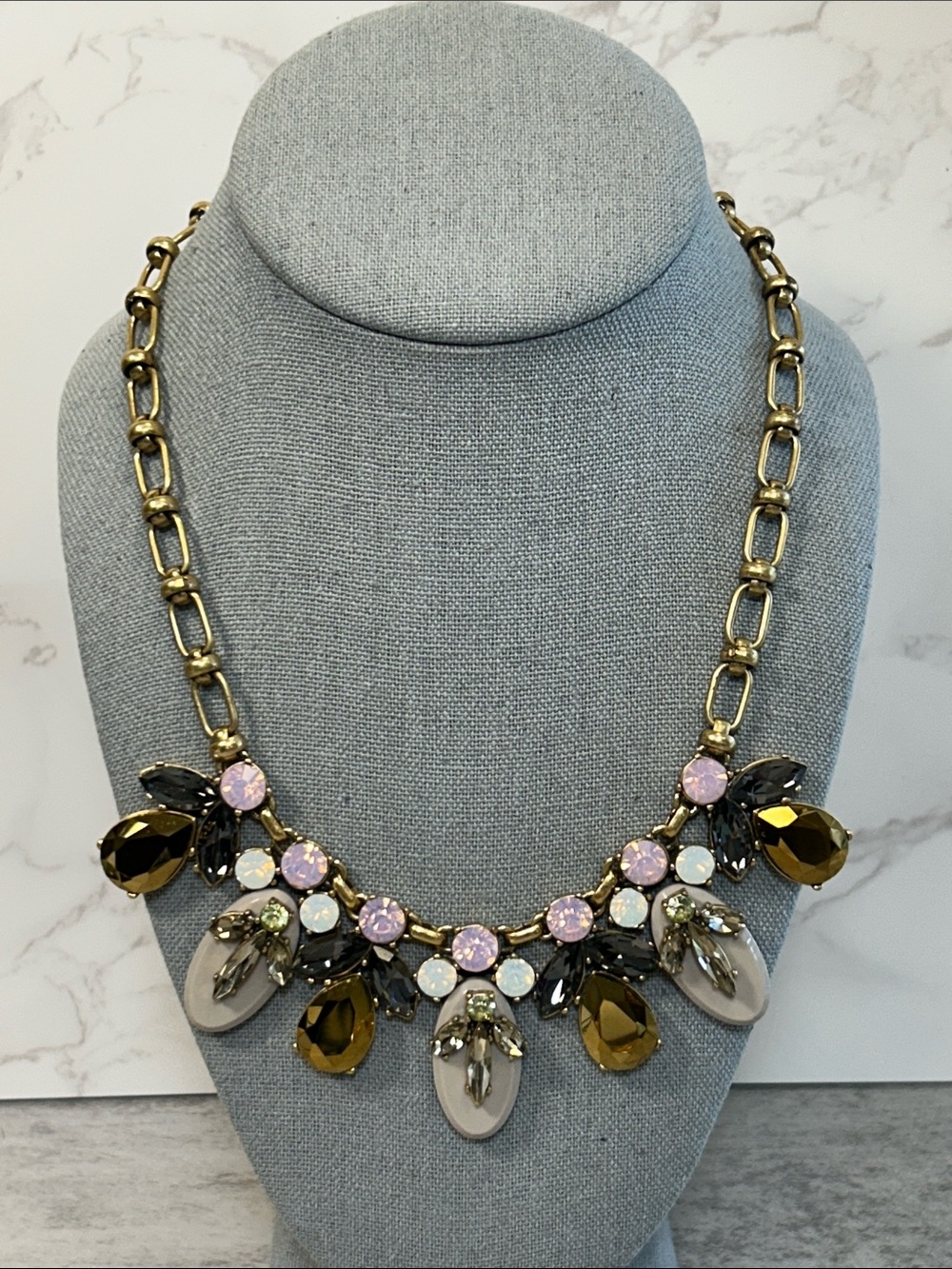 Statement Gold-Tone Floral Crystal Necklace in Olive and Pink